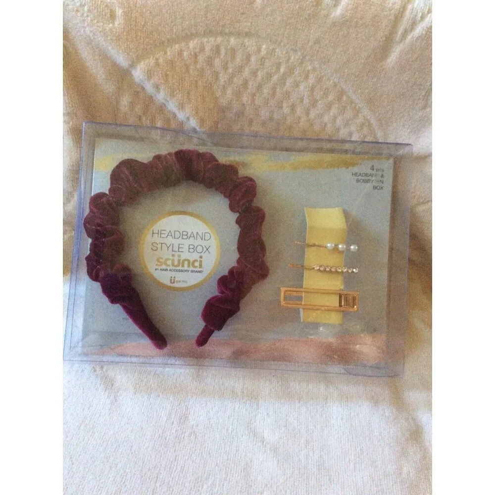 Womens Scunci Headband Style Box 4 Pc Burgundy Headband & Bobby Pin Gift Set